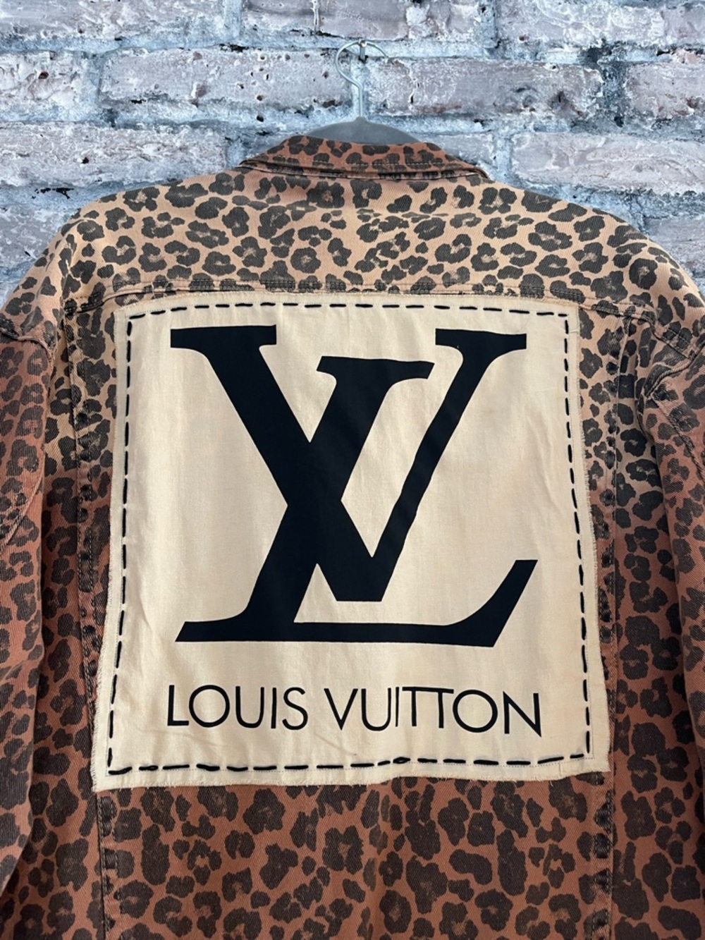 Up-Cycled Louis Vuitton Brown Tan Leopard-Print Denim Jacket with LV Patch